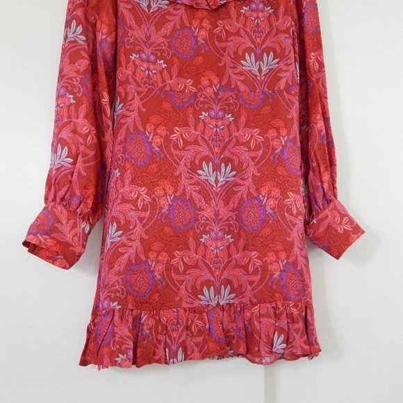 ZARA mini dress long sleeve floral ruffle retro jacquard party holiday red S - Picture 3 of 9